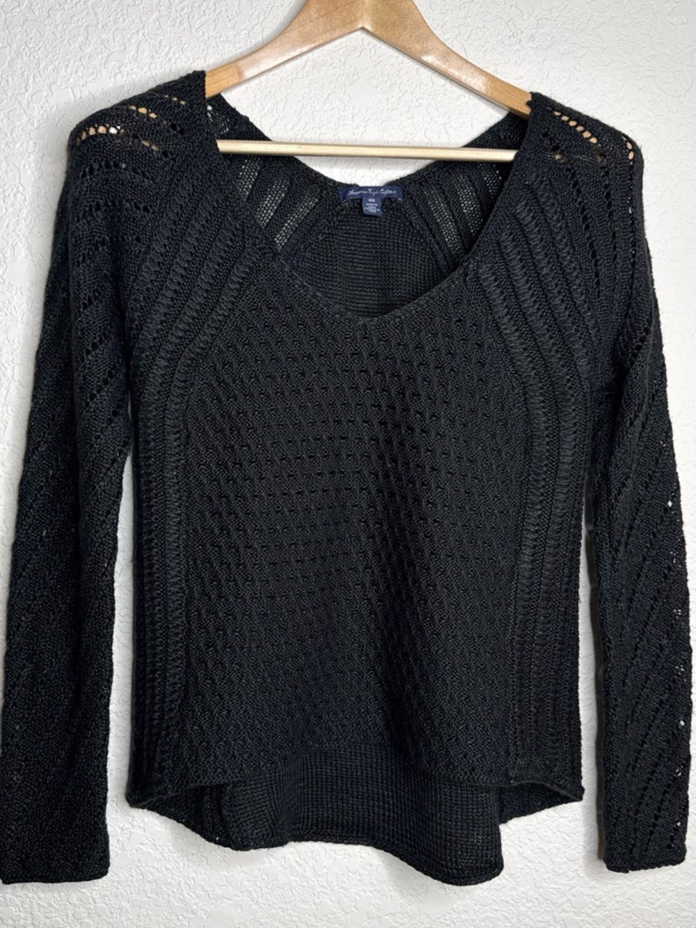 American Eagle Outfitters Open Knit V-Neck Sweater Size M Black Shimmer Boho